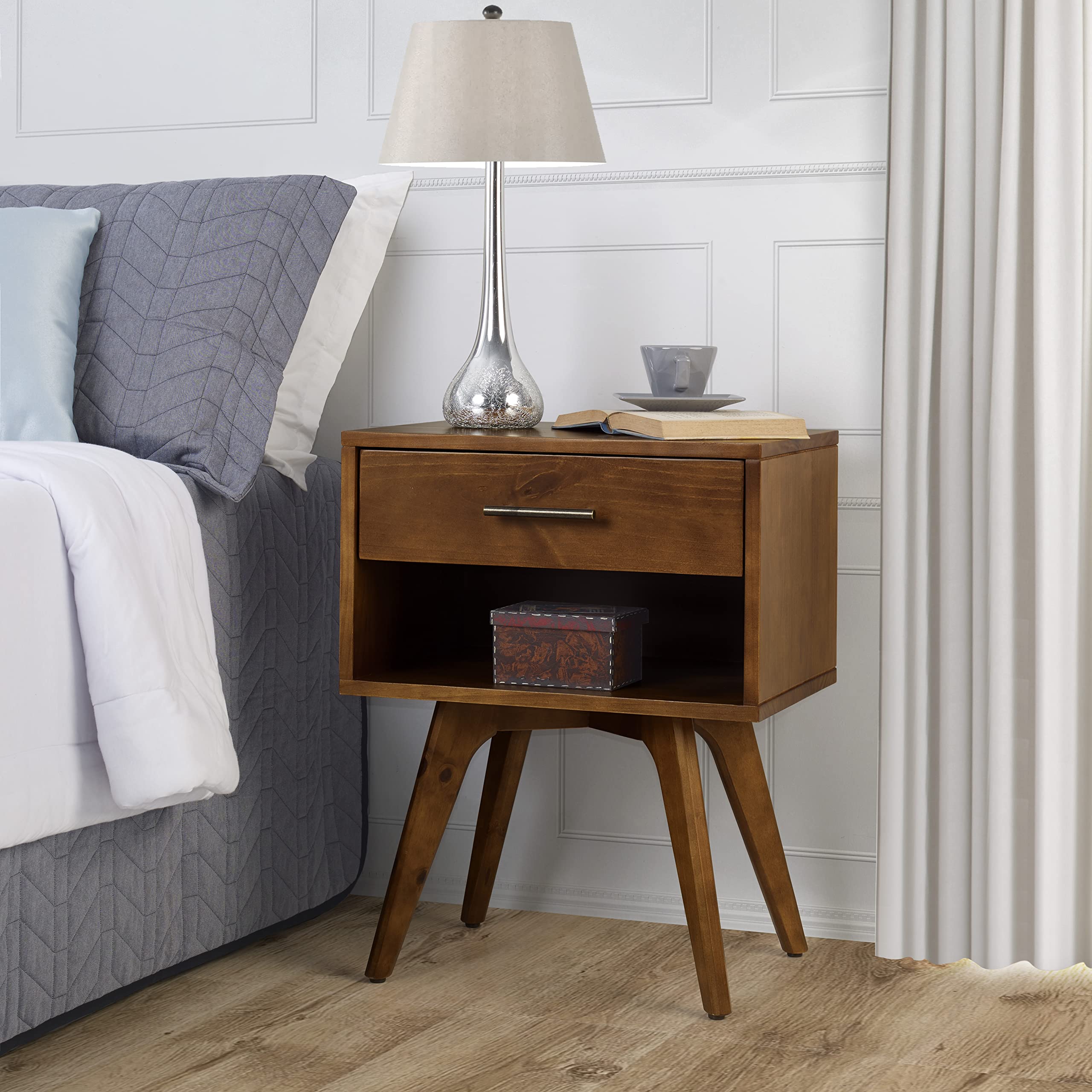 Mid Century Modern One Drawer Nightstand/Constructed of Solid Wood/Castanho Finish