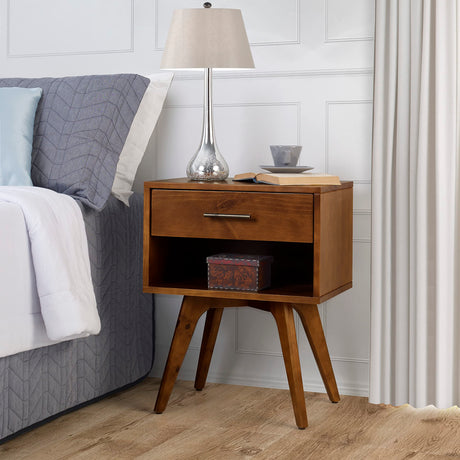 Mid Century Modern One Drawer Nightstand/Constructed of Solid Wood/Castanho Finish