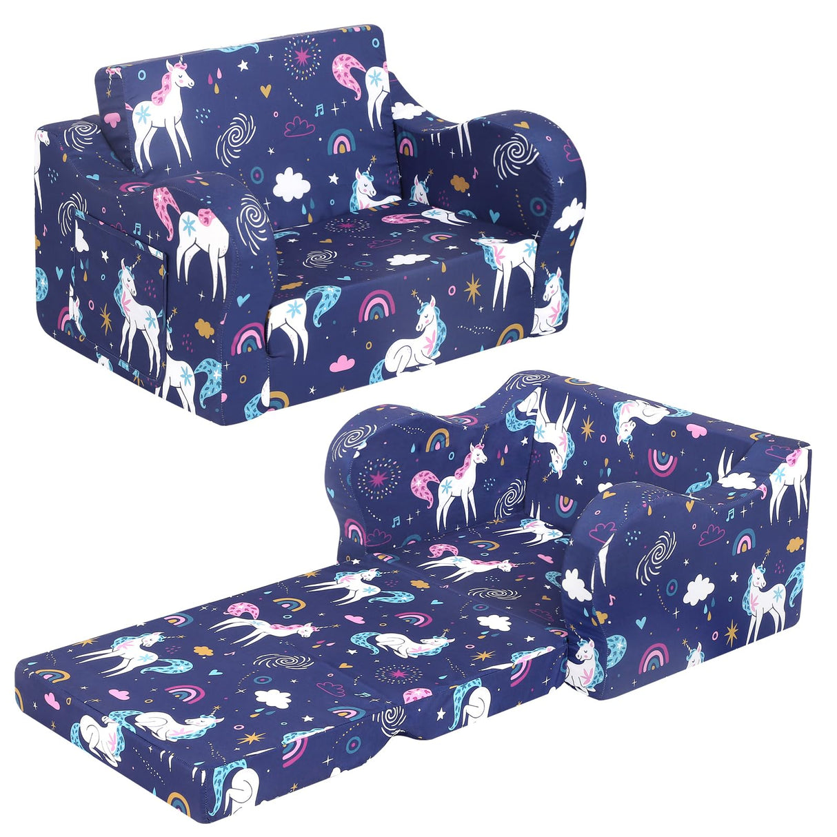 Rainbow Unicorn Kids Sofa, 2-in-1 Kids Couch Fold Out, Convertible Sofa to Bed for Girls and Boys