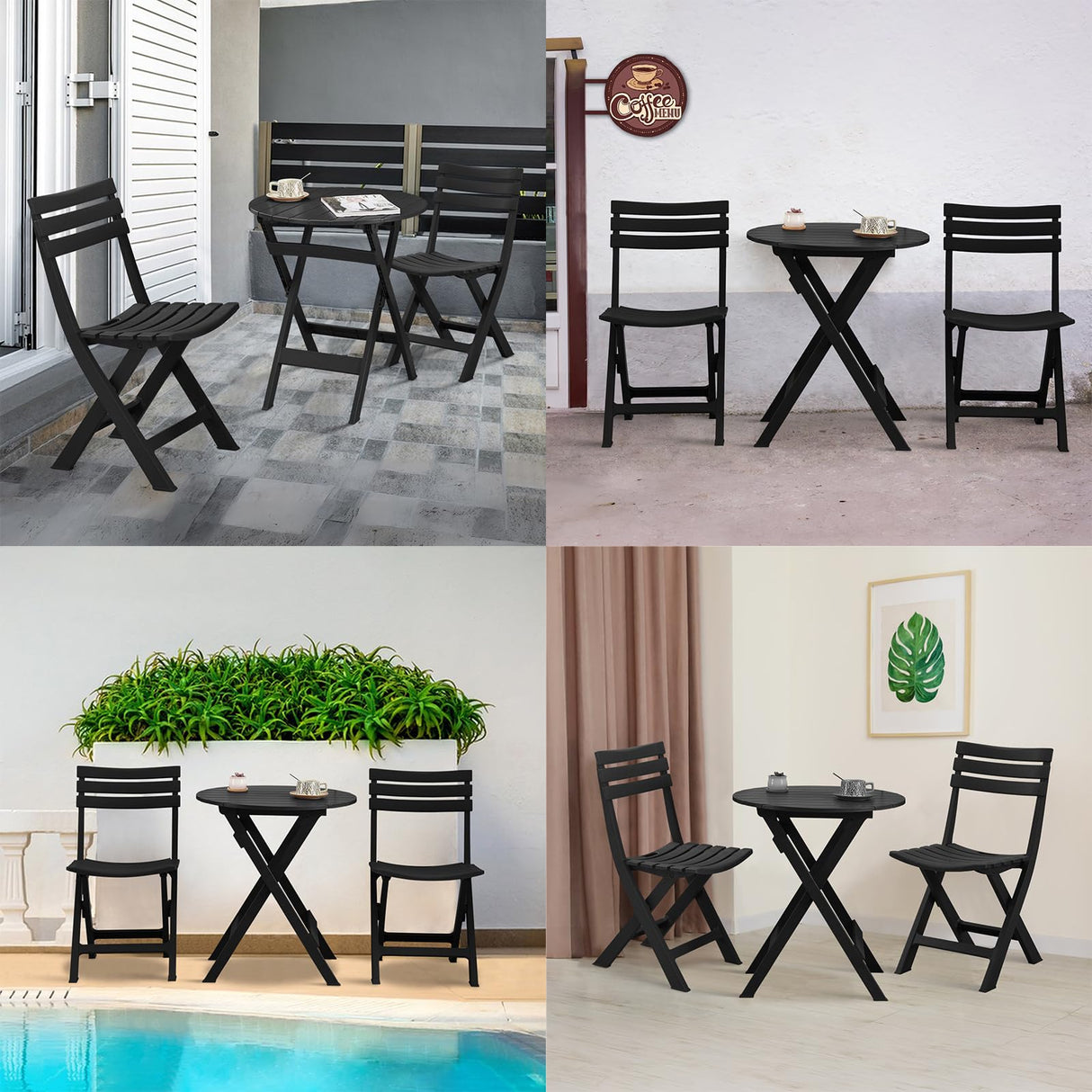 KAIHAOWIN Folding Bistro Set Foldable Outdoor Cafe Table and Chairs for 2 Small Furniture 3-Piece Porch Backyard Balcony Garden Patio