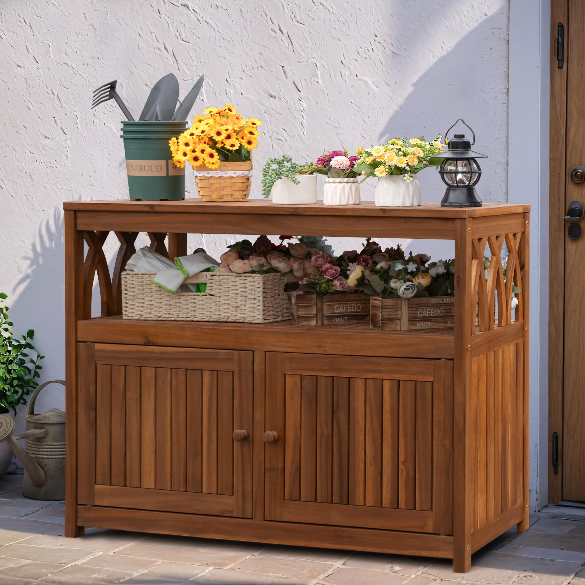 2-Tier Outdoor Storage Cabinet in Acacia Wood, with 2 Magnetic Doors, for Garden