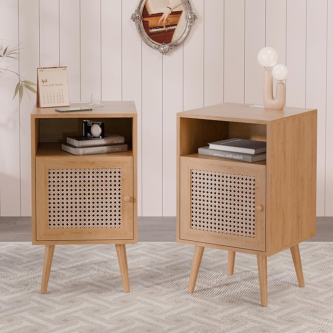 Rattan Nightstand Set of 2,Boho Side Table