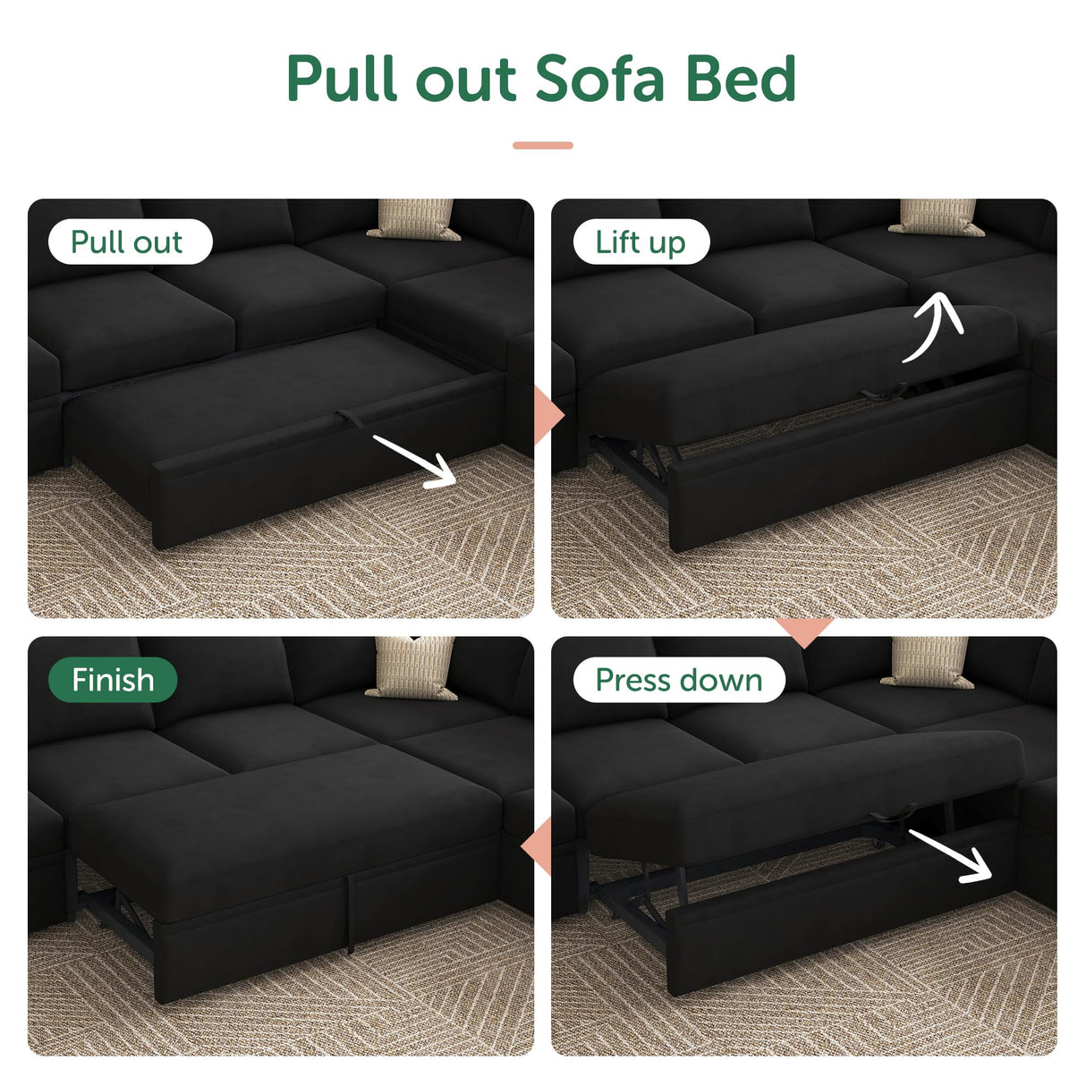 Modular Sectional Sleeper Sofa Bed, Velvet Sectional Couch with Pullout Bed U Shaped