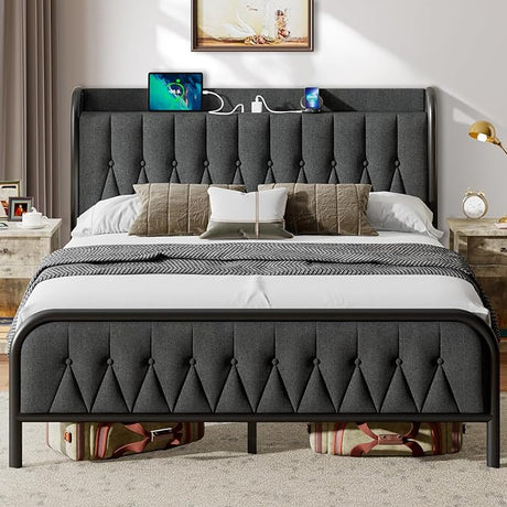 King Size Bed Frame with USB&Type-C Ports, Storage Velvet Button Tufted Headboard