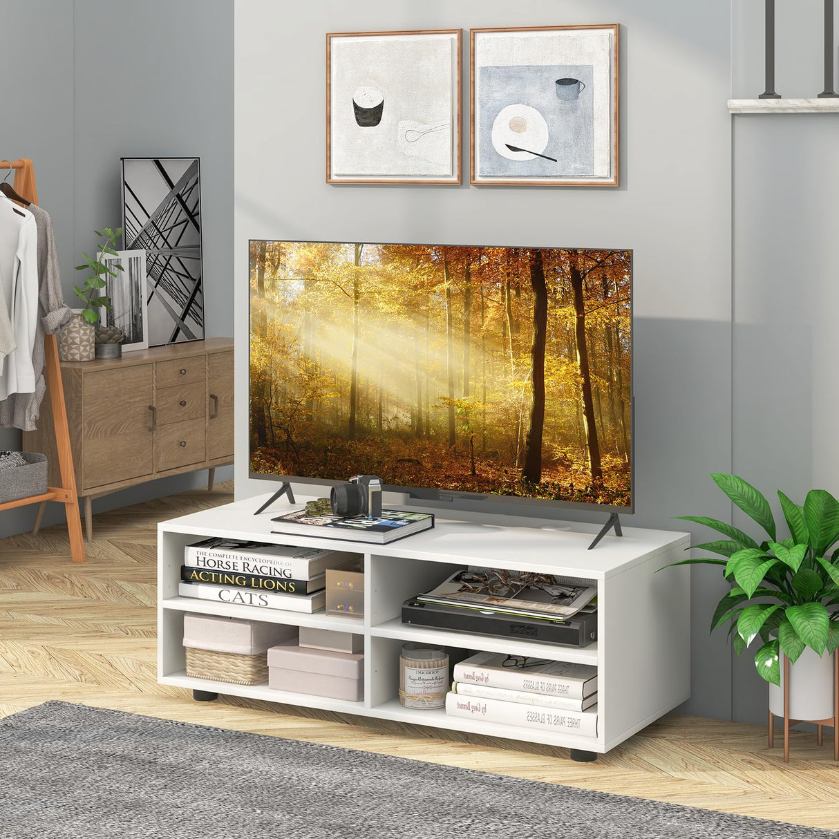 White TV Stand for TV up to 40 Inch, Media Console Table with 4 Cubbies