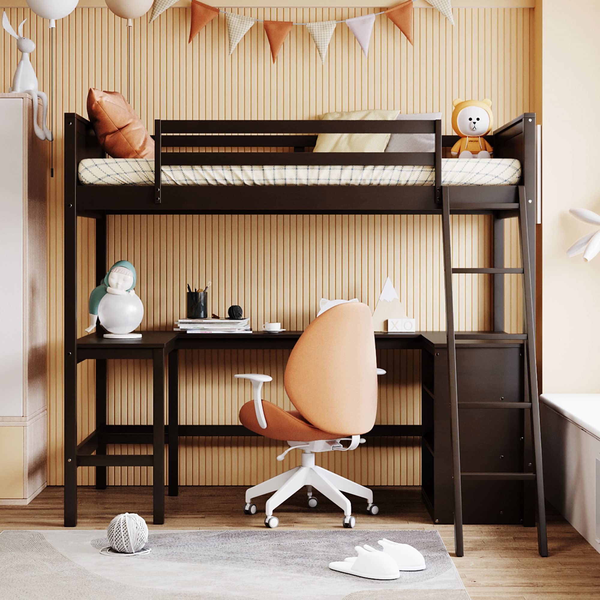 Twin Size, Wood Twin Loft Bed with Desk and Shelves, Loft Bed Twin for Teens and Adults,