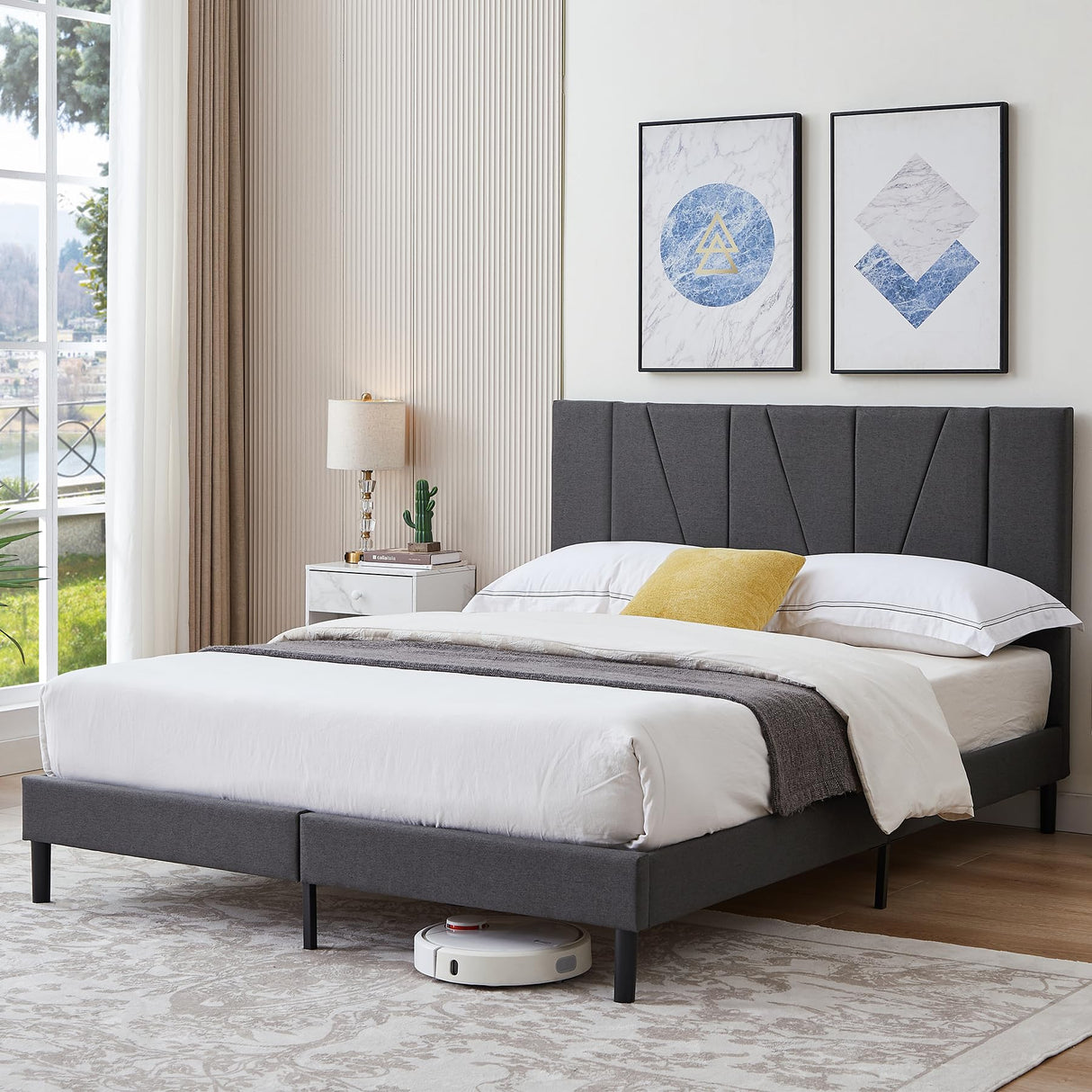 Queen Size Bed Frame Upholstered Platform with Complete Headboard and Strong