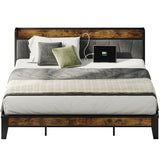 King Size Bed Frame, Storage Headboard with Charging Station, Solid and Stable