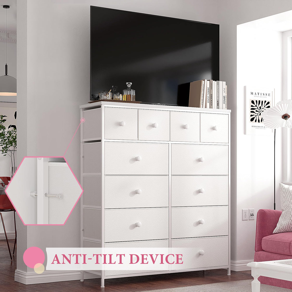 White Dresser for Bedroom with 12 Drawers Dressers & Chest of Drawers with Wood Top