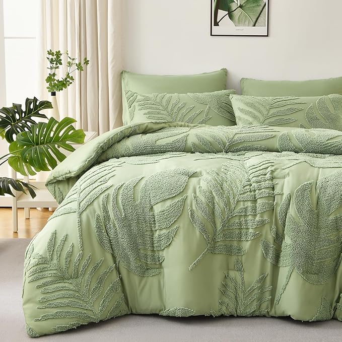 Floral Tufted Lightweight Bedding Comforter Set,Soft Botanical Palm Leaf Pattern Bed Set