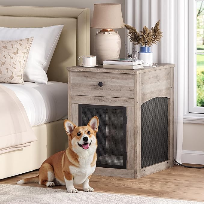 Dog Crate Furniture with Charging Station and Drawer