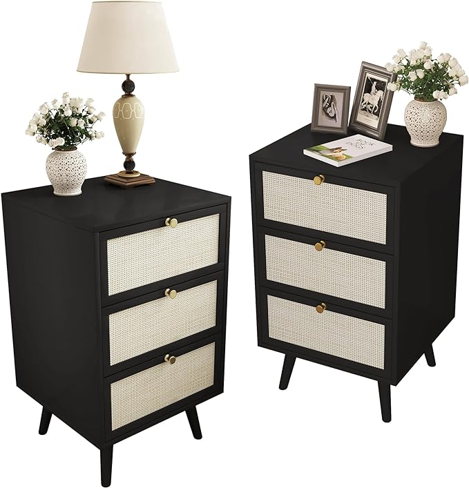 PHOYAL Rattan Nightstand Set of 2, End Table Rattan Bedside Table with Storage 3-Drawer Side Table