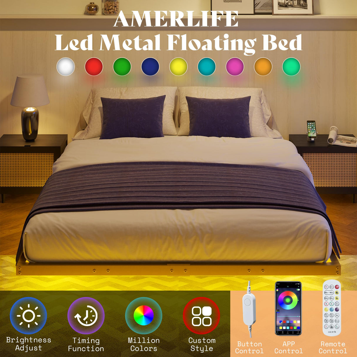 Full Size Floating Bed Frame, Full Bed Frame with LED Lights,