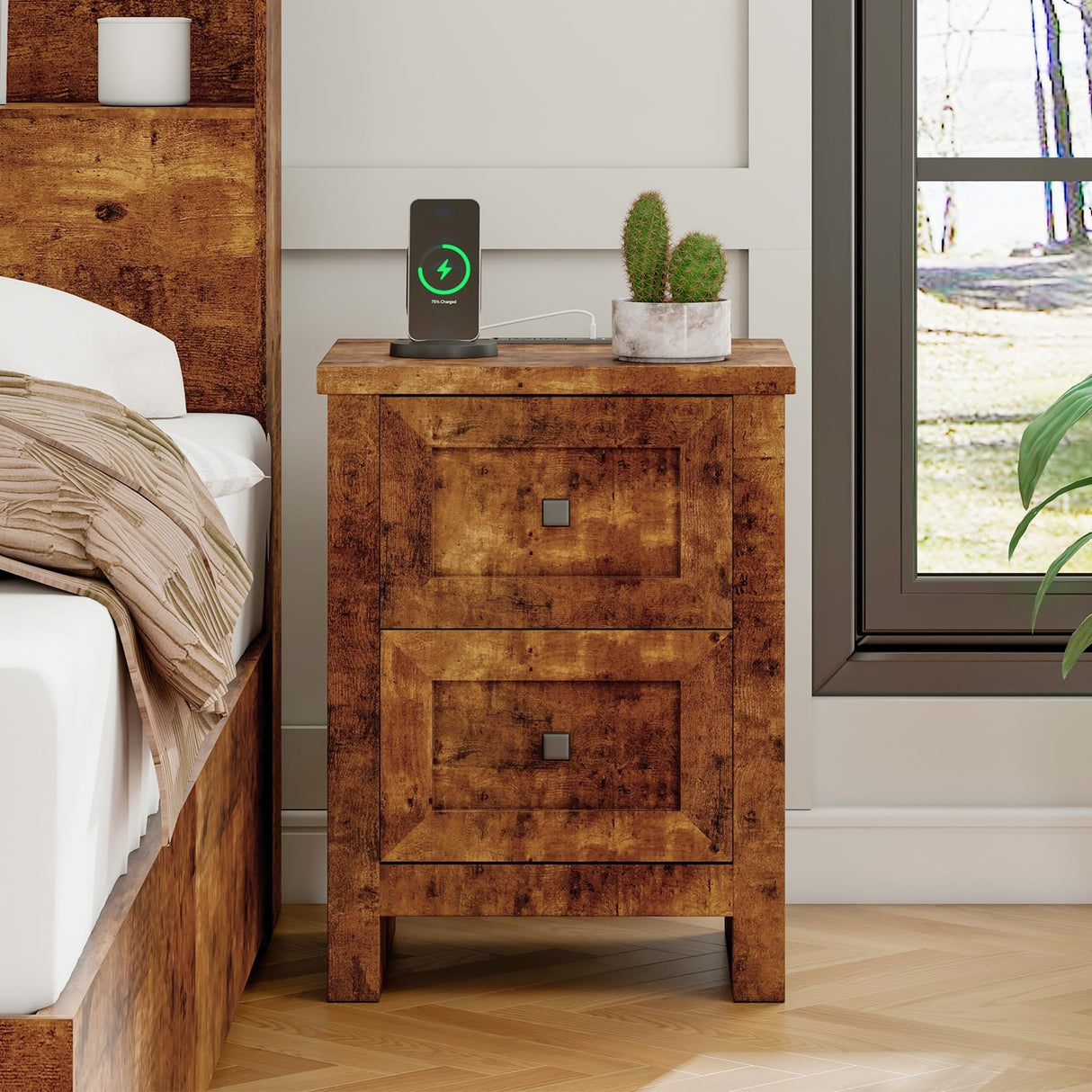 Nightstand Set of 2 with Charging Station, Farmhouse End Table with 2 Drawers Storage