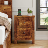 Nightstand Set of 2 with Charging Station, Farmhouse End Table with 2 Drawers Storage