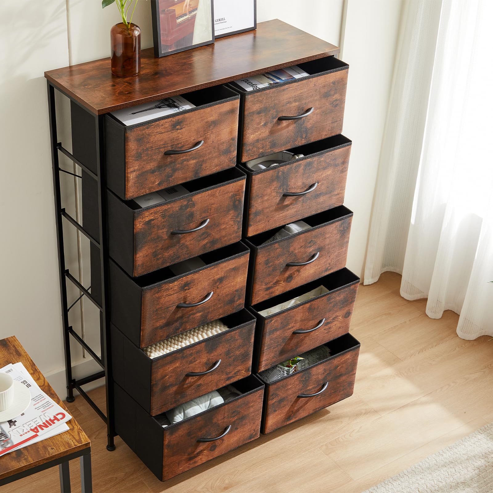 Dresser for Bedroom Storage Tower, Chest Fabric Bins Sturdy Metal Frame Wood Tabletop