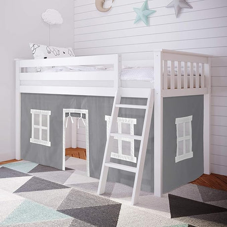 Low Loft Bed, Twin Bed Frame With Curtains For Bottom, White/Grey