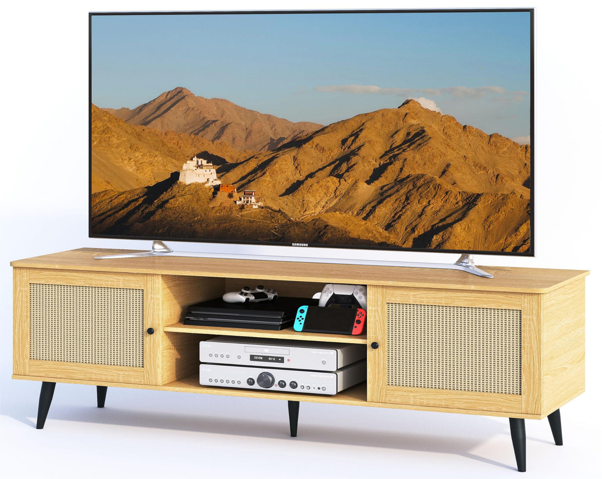 TV Stand for Living Room, for 55 Inch TV, Rattan Entertainment Center with 2 Cabinets,