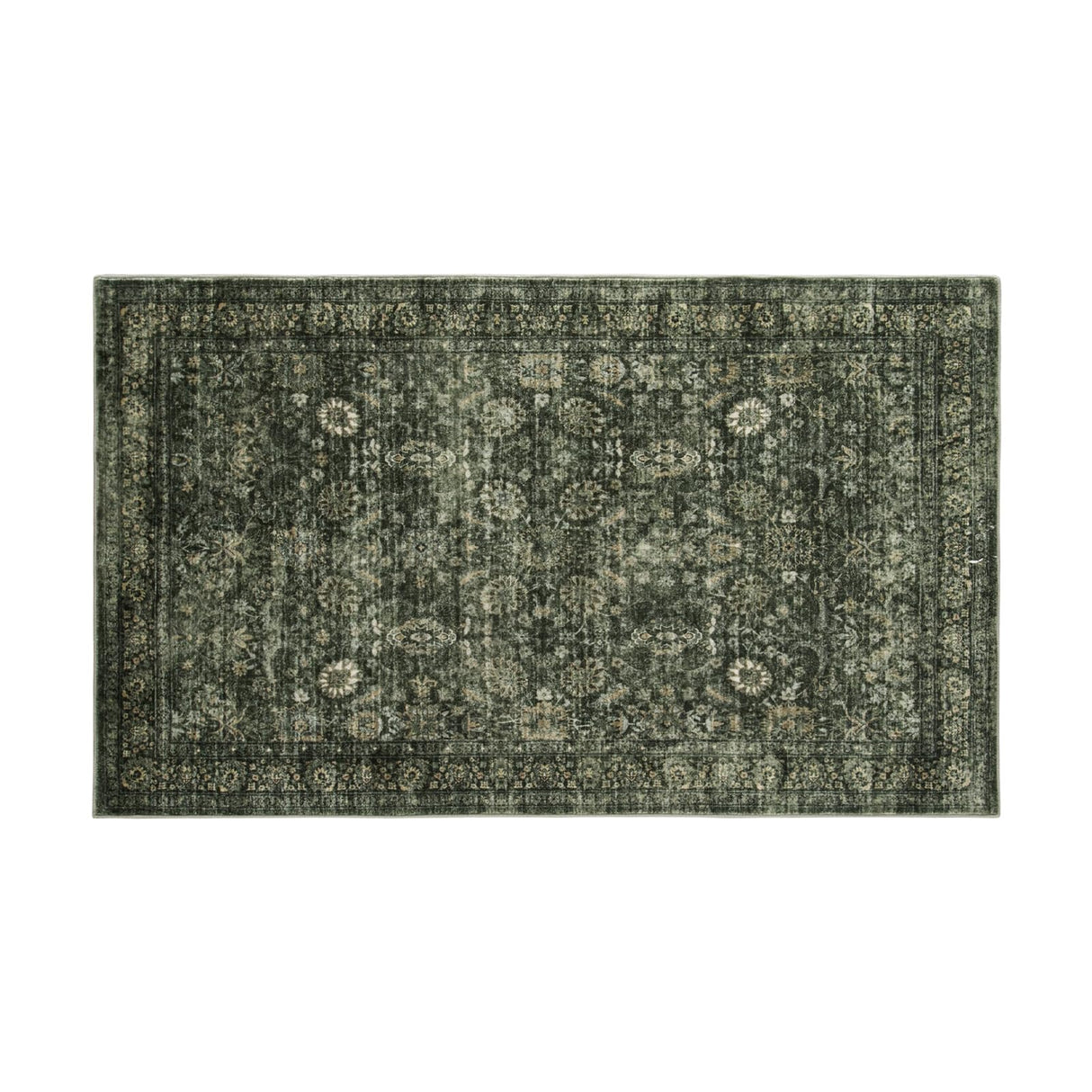 Morebes Vintage Throw Rugs, Boho 3x5 Washable Rug Non Slip,Soft Area Rug for Bedroom,Distressed Non-Shedding Floral Rug for Entryway Kitchen Foyer Bedside Playroom,Dark Green