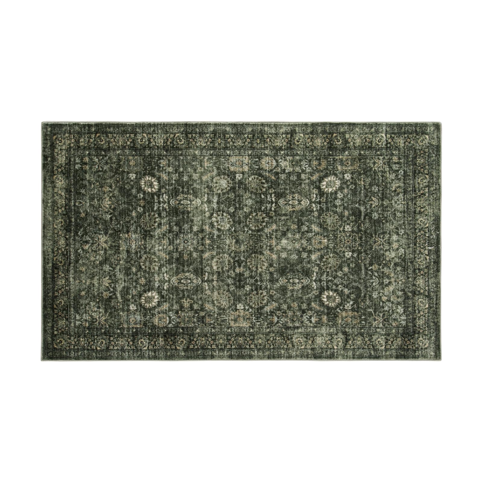 Morebes Vintage Throw Rugs, Boho 3x5 Washable Rug Non Slip,Soft Area Rug for Bedroom,Distressed Non-Shedding Floral Rug for Entryway Kitchen Foyer Bedside Playroom,Dark Green