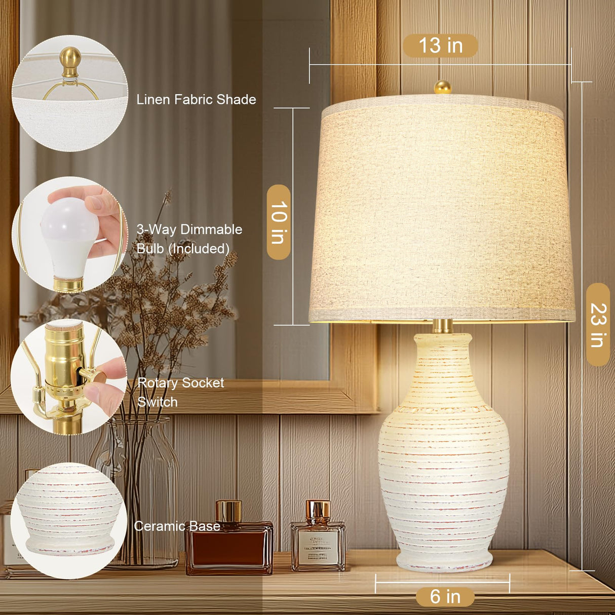 Scenekoy 23" Ceramic Table Lamps Set of 2 with 3-Way Dimmable Bulb,Rotary Switch,Lamps for Living Room,Bedside Lamp with Linen Shade,Nightstand Lamps of 2 for Living Room Bedroom(Bulb Included)