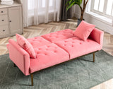 Convertible Velvet Futon Sofa Bed, Upholstered Loveseat Sleeper Couch with 3 Reclining Angles and 2 Pillows, Modern Living Room Sofa Couch with 5 Solid Metal Legs for Guest Room, Office, Peach
