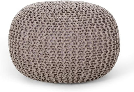 Shelby Round Hand Knit Pouf, Footstool, Upholstered in Teal Cotton, for the Living Room