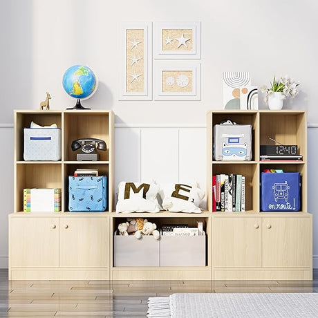 White Bookshelf, 3-Tier Bookcase with 4 Doors and 8 Cubes