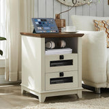 Farmhouse Nightstand with Charging Station, 18'' Wood End Table with 2 Drawers & Metal