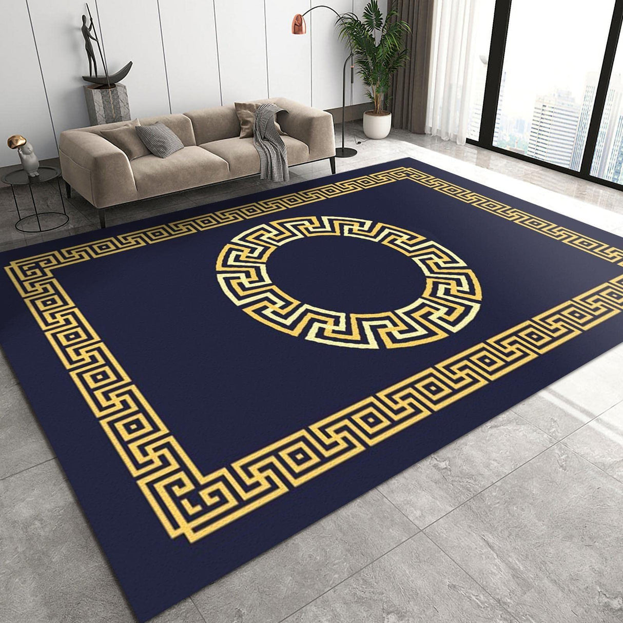 Dark Blue Gold Greek Key Pattern Area Rugs, Bohemia Black Home Decor Rug, Non-Slip