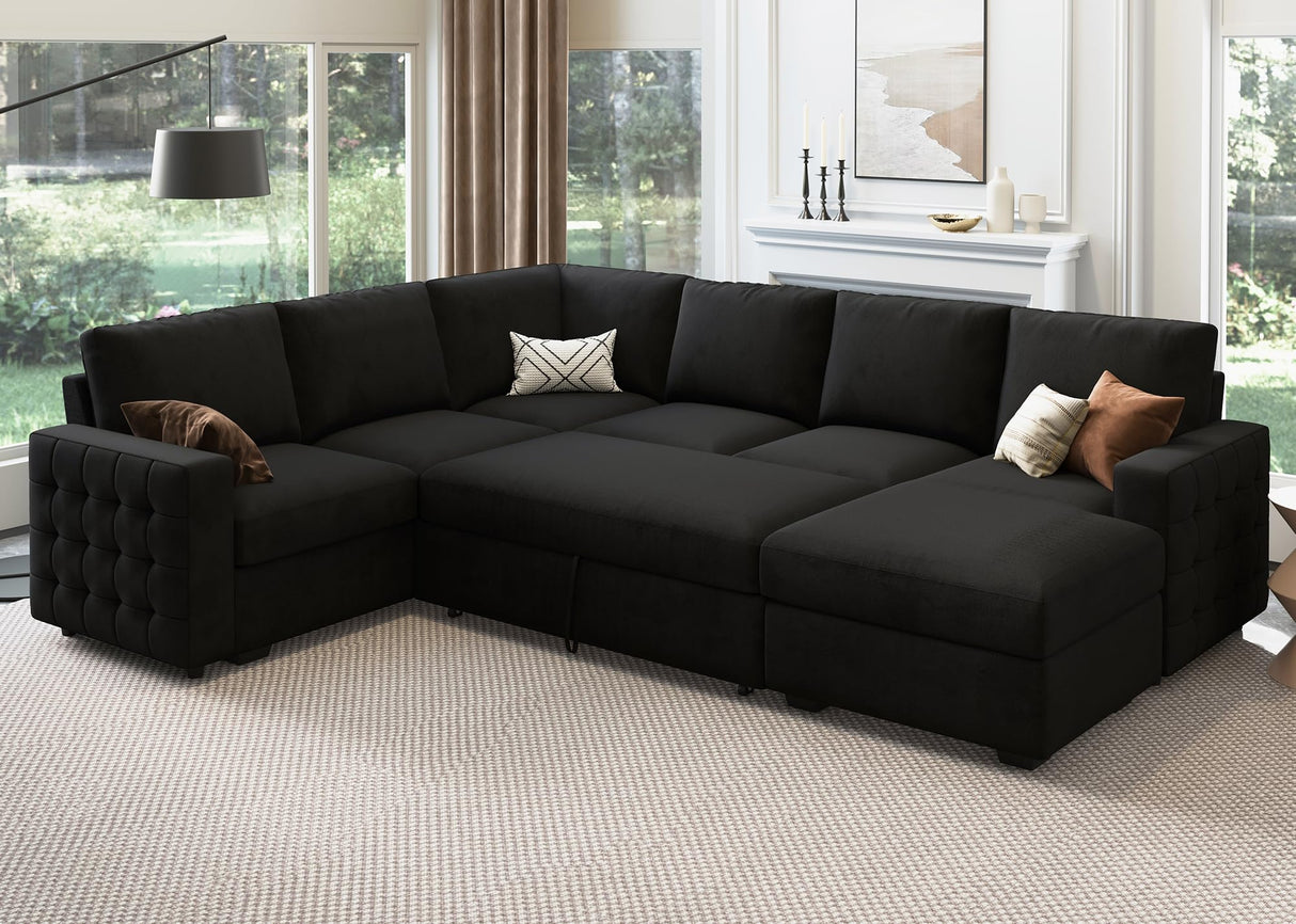 Sectional Sleeper Sofa Pull Out Bed with Storage Chaise, Velvet Sleeper Sectional Couch Pull-Out Bed U