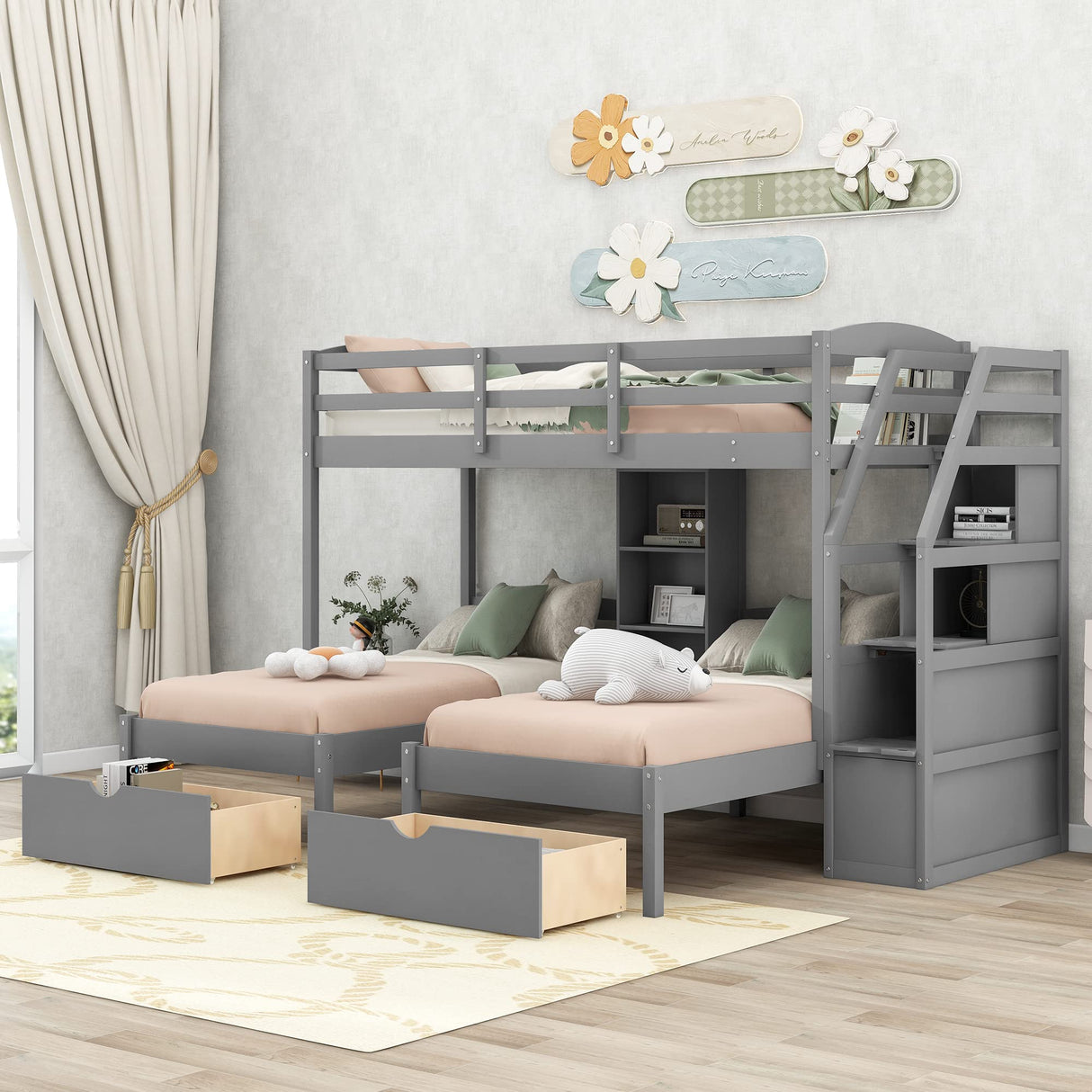 Triple Bunk Bed with Stairs, Twin Over Twin & Twin Bunk Bed for 3, Triple Bunk Bed with Drawers