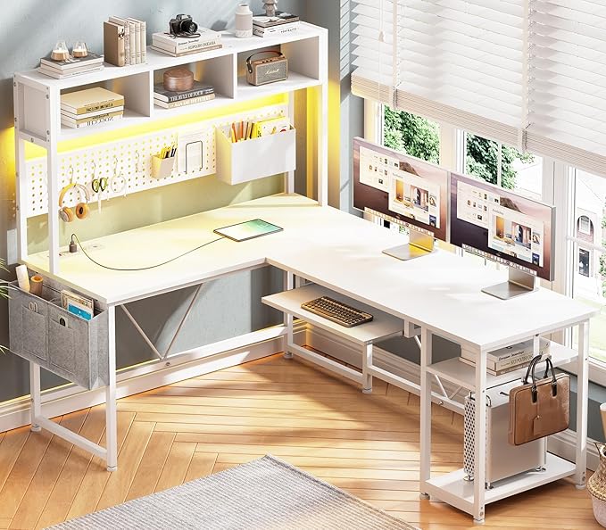Corner Computer Desk with Storage Shelves, 57.5” Reversible Home Office Desk