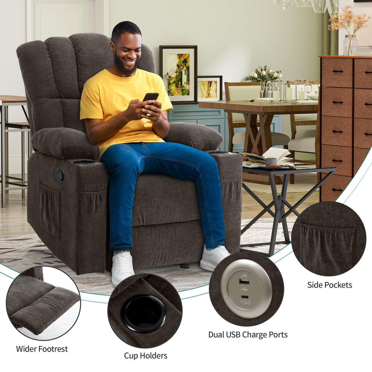 Rocker Recliner Chair with Massage and Heat, Fabric Recliner Chair,Manual Rocking Recliner Chair with 2 Cup Holders, USB Charge Port and Side Pocket,Brown