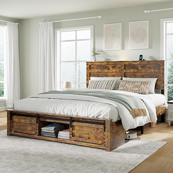Queen Bed Frame with Wood Headboard & Charging Station