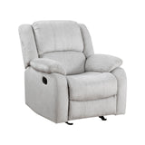 38 Inch Manual Glider Recliner Chair, Solid Wood, Light Gray Chenille