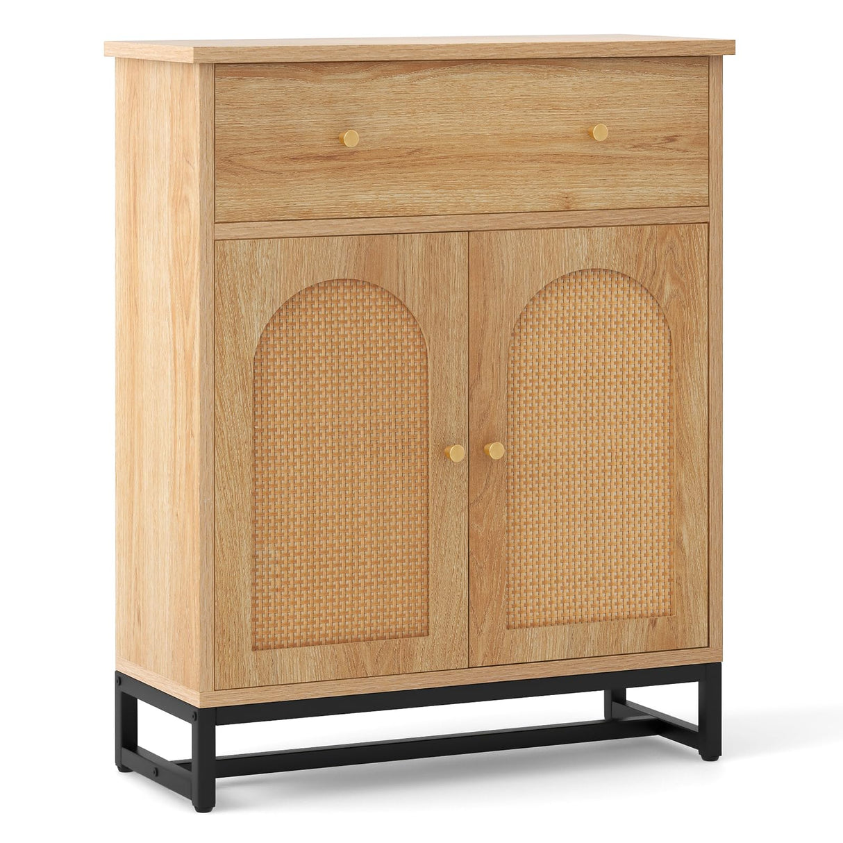 Bathroom Storage Cabinet with Rattan Doors & Drawer, Sideboard Buffet Cabinet Coffee Bar for Living Room, Hallway & Entryway, Freestanding Accent Floor Cabinet (Farmhouse, Natural)