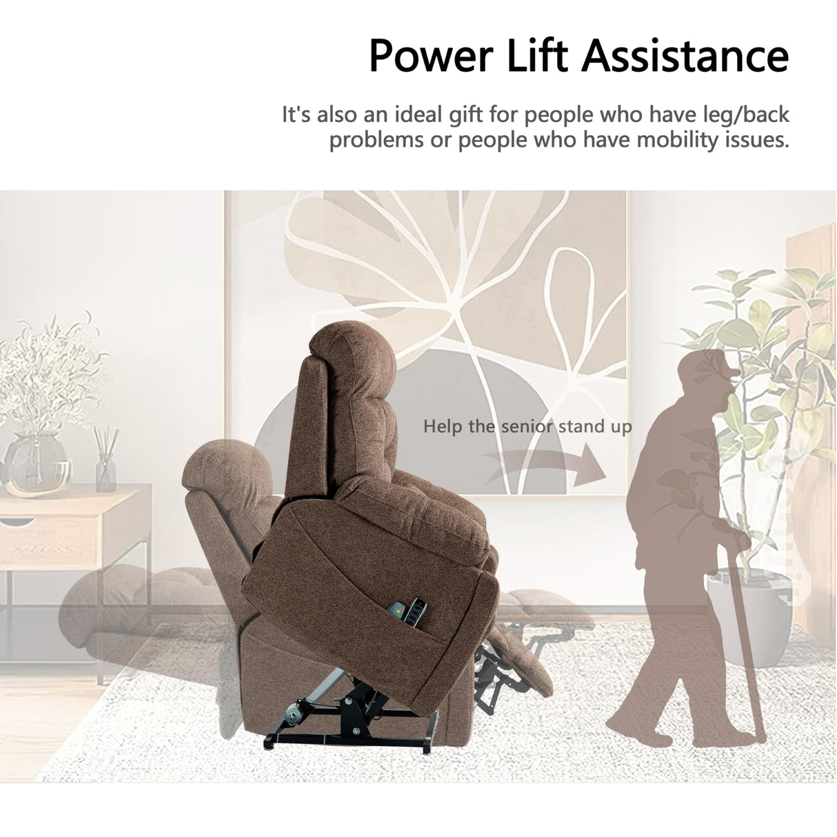 JIKFRIMA 4 OKIN Motor Power Lay Flat Lift Recliner Chair for Elderly Adults Big and Tall Recliners with Heat Massage, Adjustable Head-Back-Lumbar-Leg-Support, Extended Footrest, 2 Cup Holders