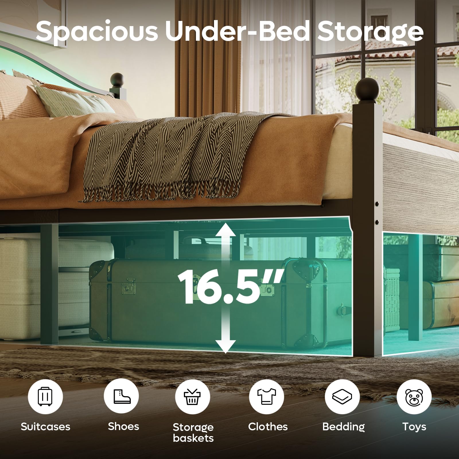 Queen Size Bed Frame with Headboard and Charging Station