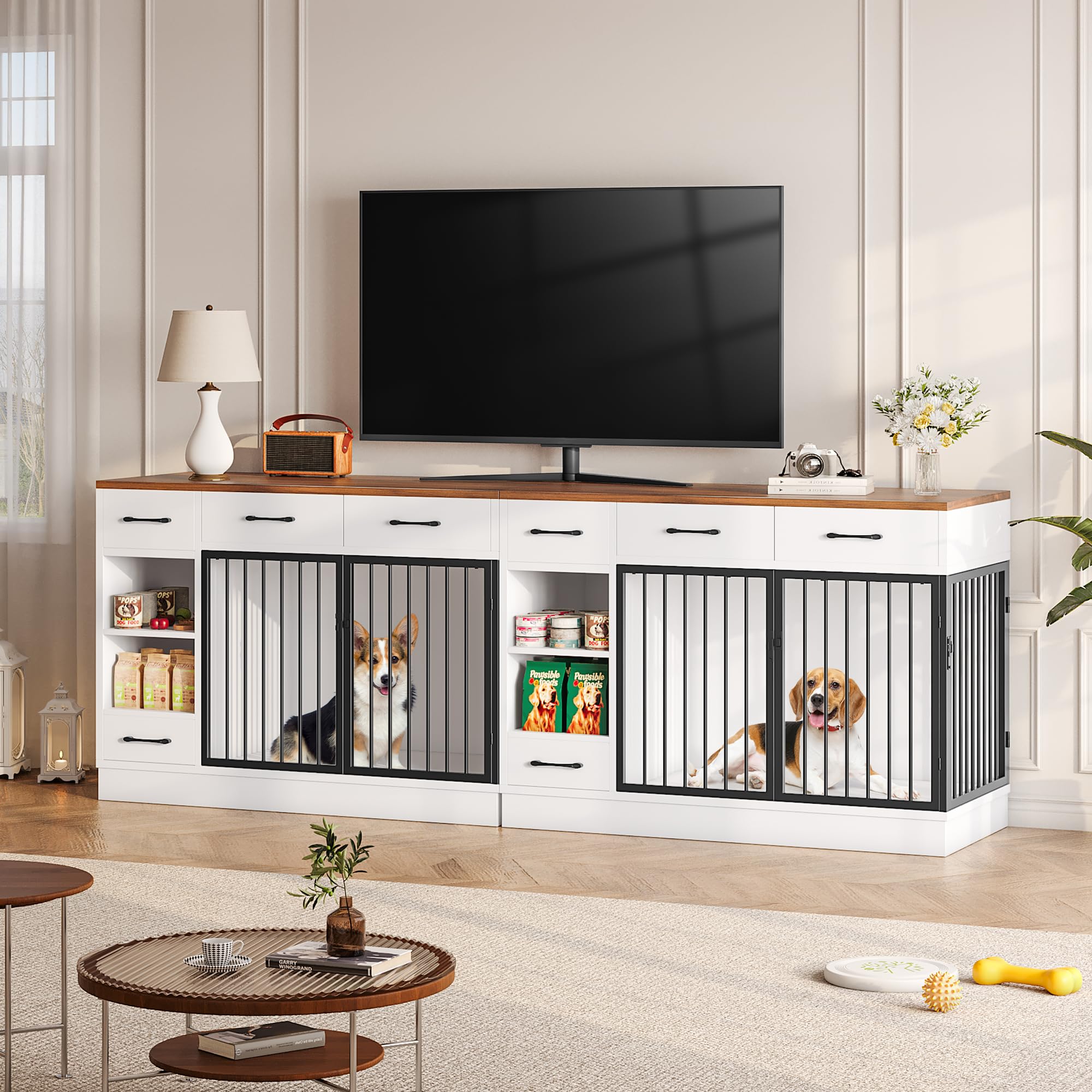 Large Dog Crate Furniture with Storage Drawers - 47.2 Inch Wooden Kennel