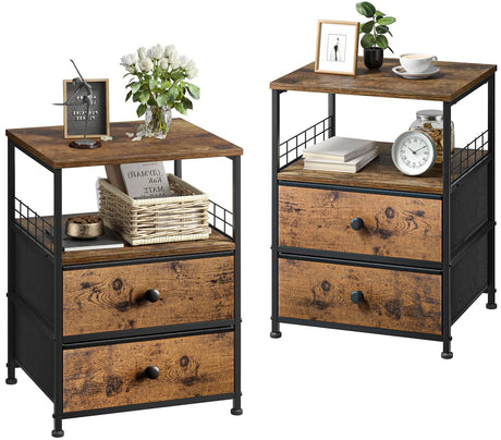 Nightstand Set of 2, Bedside Table with Fabric Drawers and Open Wood Shelf Storage