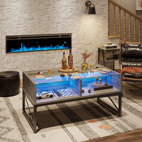 LED Coffee Tables for Living Room,Wood Center Table with Glass Top Game Night