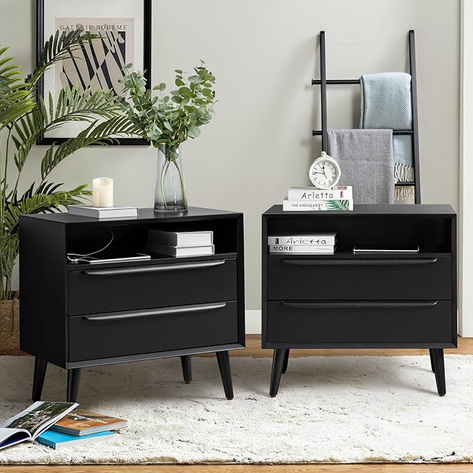 Nightstand with Charging Station, Mid-Century Modern 2 Drawer and Open Shelf Dresser