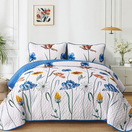 Blue Floral Quilt Set Queen Size,Blue Botanical Printed Bedspread Coverlet Set