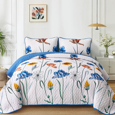 Blue Floral Quilt Set Queen Size,Blue Botanical Printed Bedspread Coverlet Set