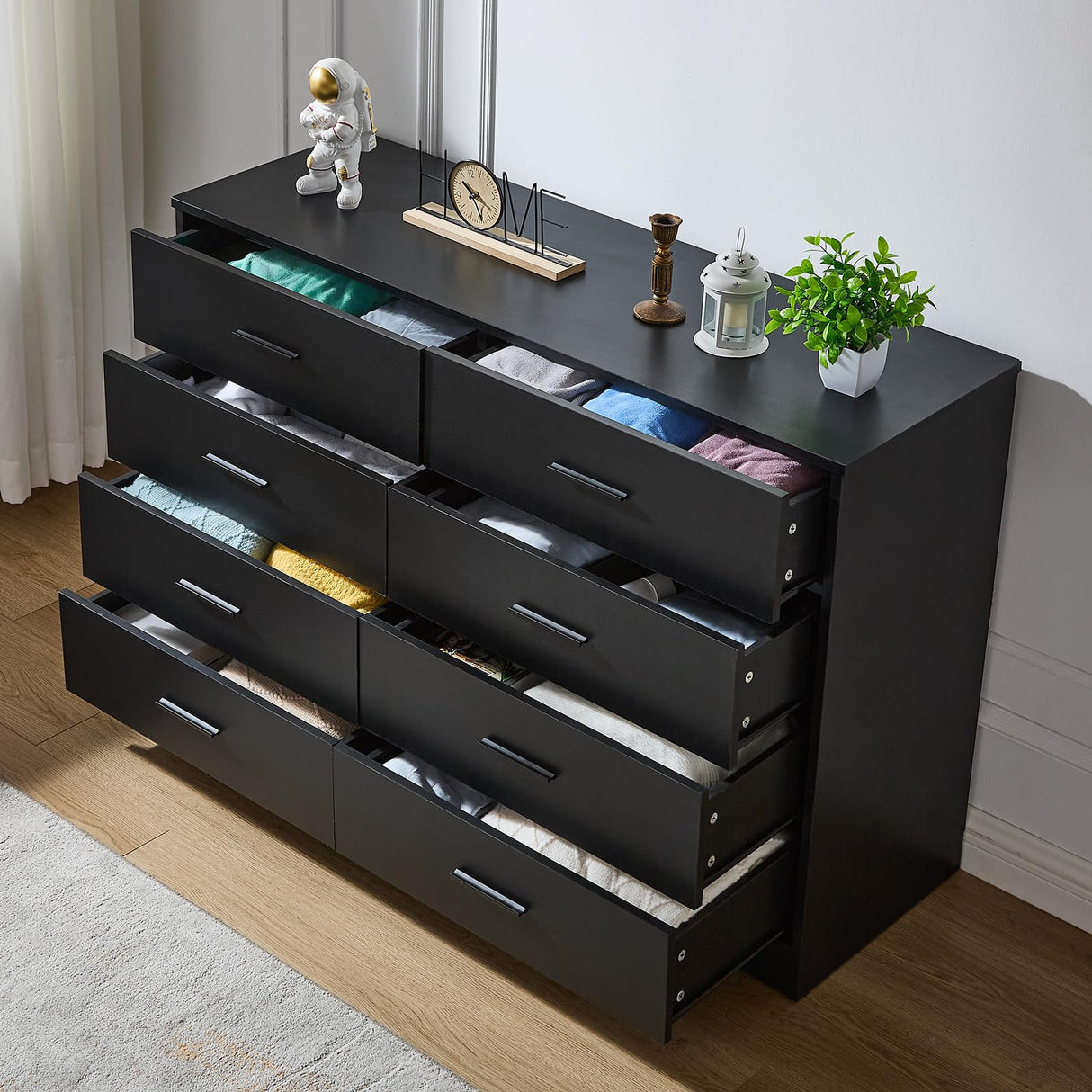 Black Dresser for Bedroom Wooden, 8 Drawer Dressers & Chests of Drawers, Modern Wood Tall Dresser, 48 Inches Wide Chest of Drawers for Bedroom, Hallway, Living Room