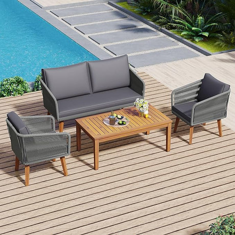 4-Piece Boho Patio Furniture Solid Wood Sofa Set with Loveseat