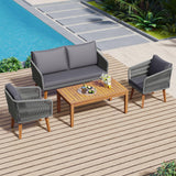 4-Piece Boho Patio Furniture Solid Wood Sofa Set with Loveseat