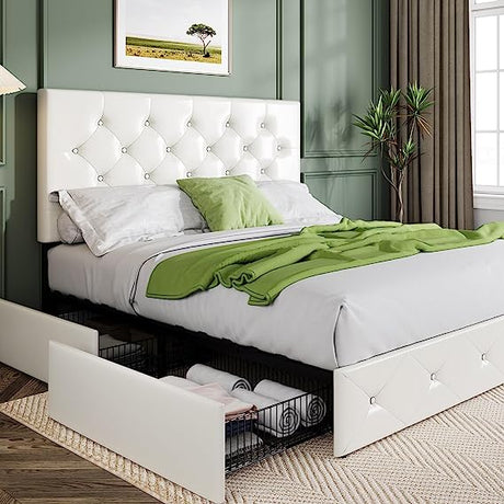 Upholstered Full Size Platform Bed Frame with 4 Storage Drawers