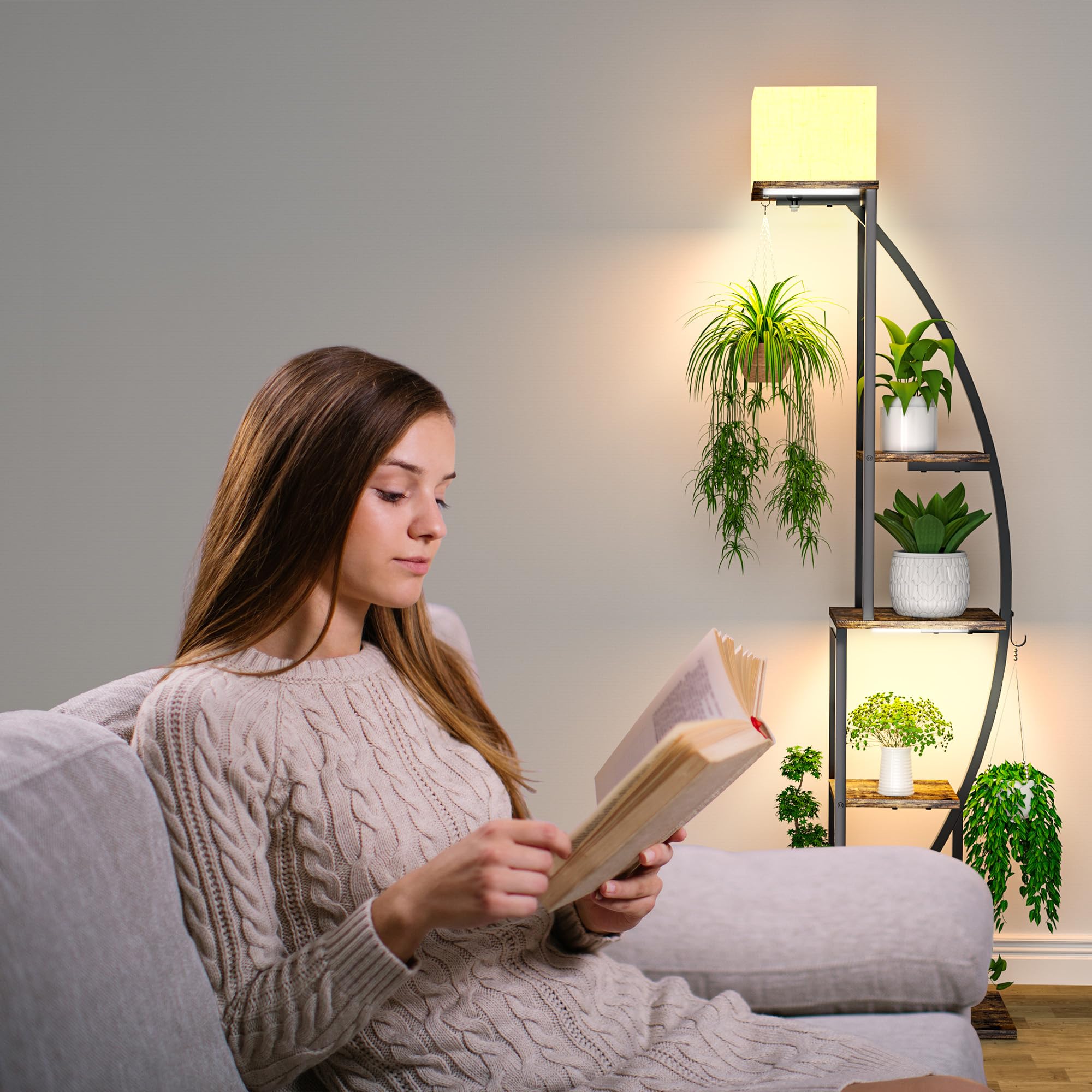 Plant Stand Indoor With Grow Lights, 6 Tiered Plant Shelf Indoor with Lampshade